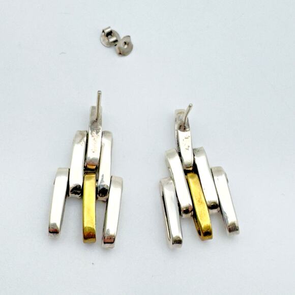 Vintage Modernist Sterling Silver Brass Earrings Industrial Tank Track Unisex - Picture 4 of 6